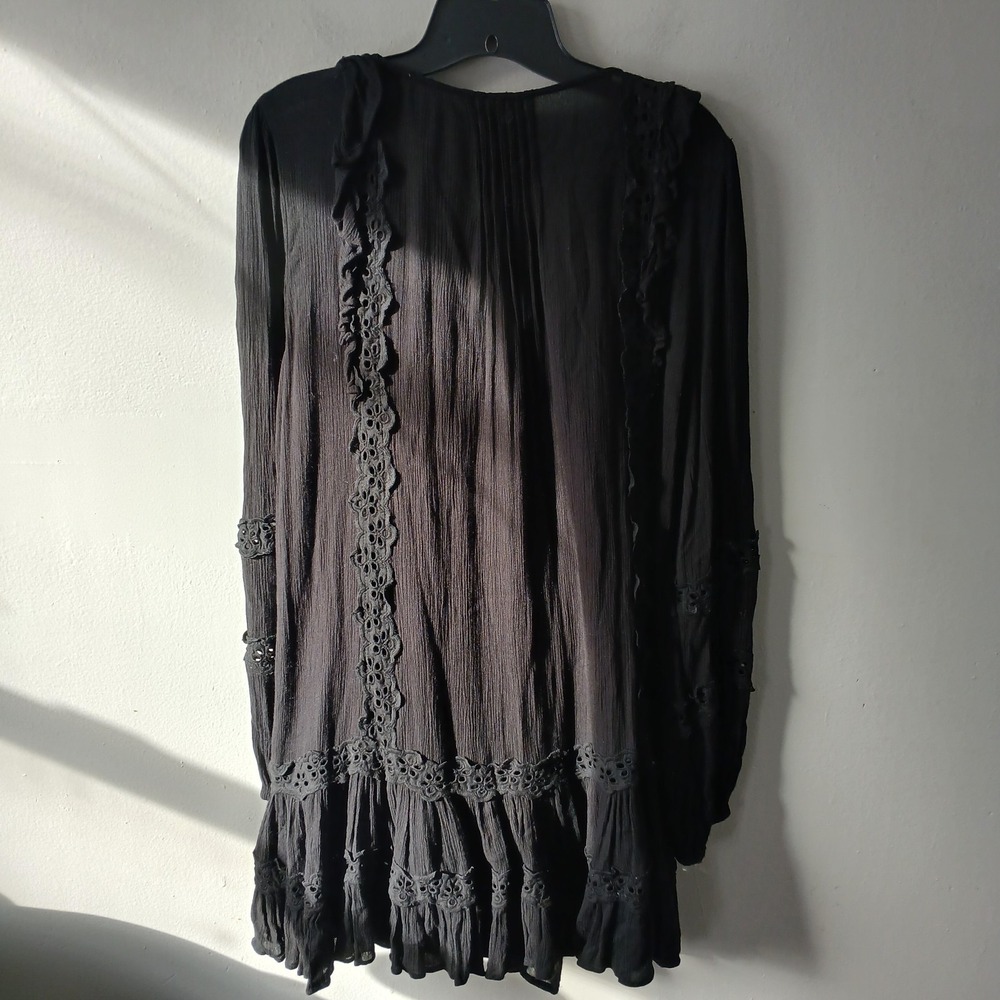 Free People Size Small Snow Angel Mini Dress Black Long Sleeve Bohemian Slip - Picture 11 of 13